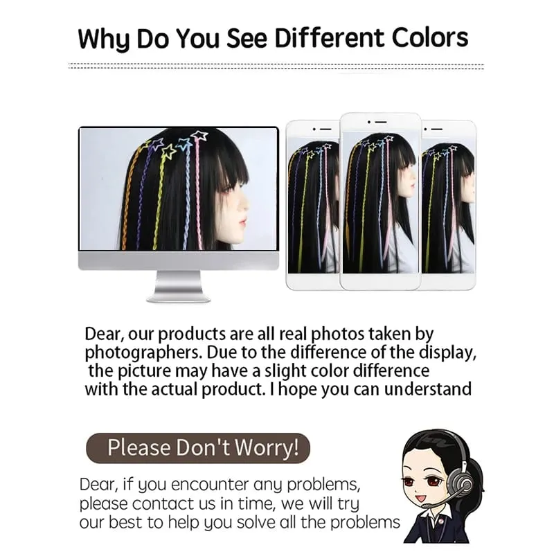 Rainbow Synthetic Braided Hair Pieces 5Pc Color Star Hair Clips DIY Hair Accessories For Halloween Birthday Music Festival Party — image 5