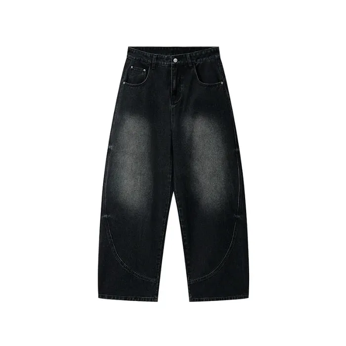 2026 Autumn Men Curved Seam Baggy Jeans Vintage Wash High Waist American Street Wide Leg Denim Pants