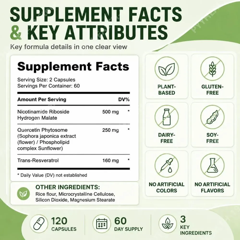 NAD+ Nicotinamide Riboside Capsules with Resveratrol & Quercetin for Cellular Health & NAD+ Levels Support Adults 120 Capsules — image 2