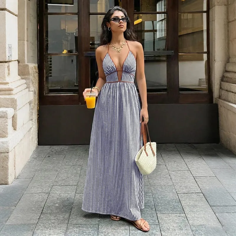 2026 Summer New Style Deep V-neck Striped Beach Dress Sexy Backless Sleeveless Neckline Long Dress — image 10