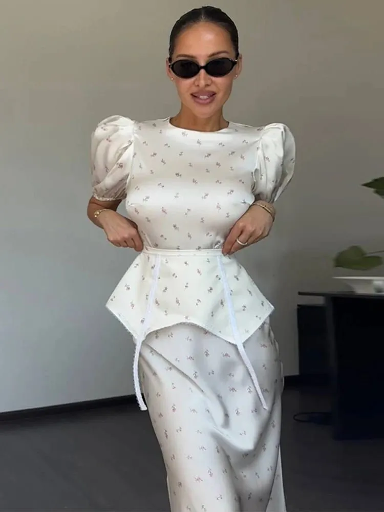 Women's White Floral Print Puff Sleeve Dress With Waistband Fashion Satin Ruffled Hem Maxi Dress Lady 2026 Elegant Party Robes — image 4
