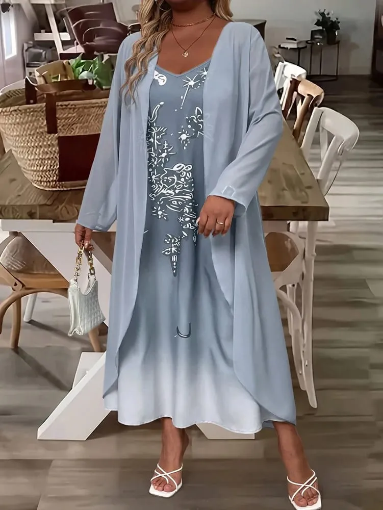 Plus-Size Women's Fashion: Spring/Fall Stylish and Elegant Lace and Chiffon Two-Piece Dress Set with V-Neck for a Sophisticated