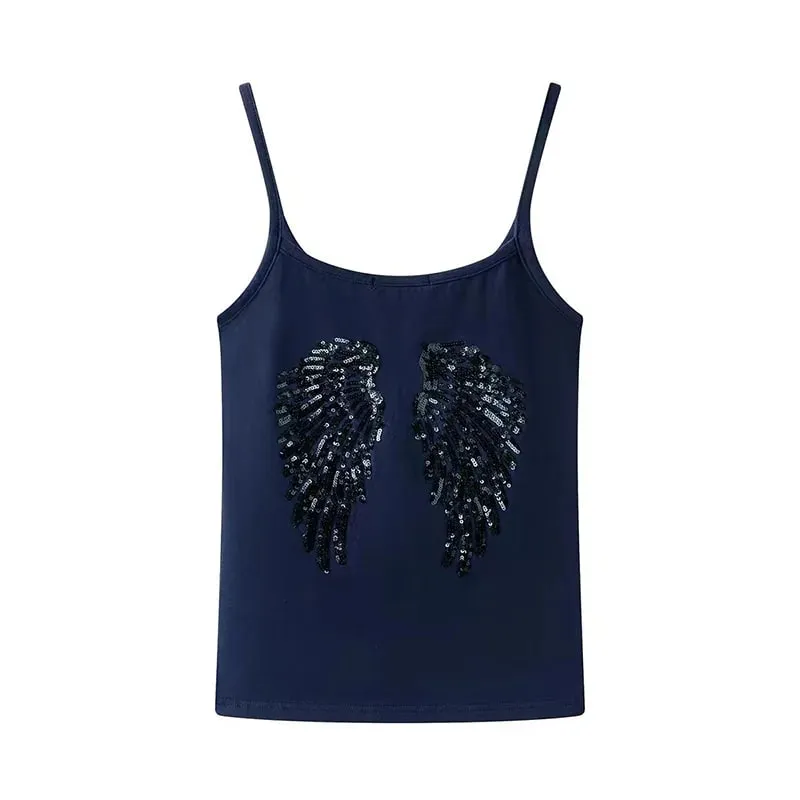 2026 Summer Women Y2K Vintage Sequin Angel Wings Back Print Spaghetti Strap Cami Top Slim Fit Casual Streetwear Party Tank Vest — image 4