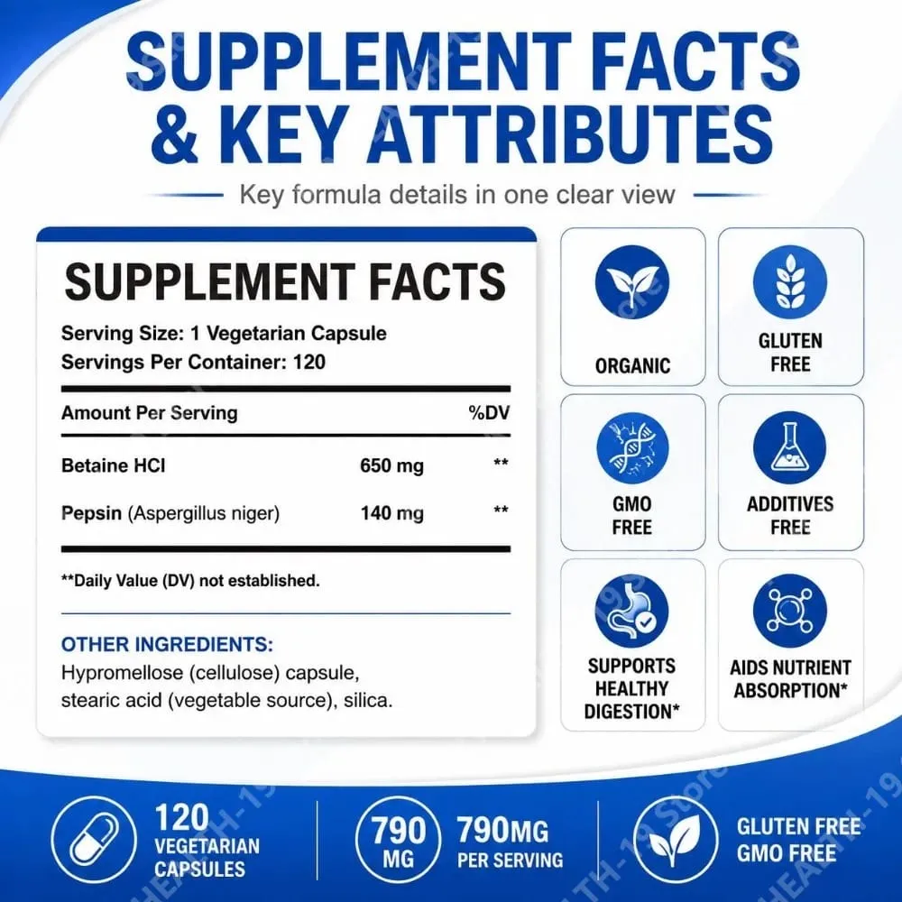 Betaine HCl Pepsin Capsules 790mg Vegetarian For Digestive Acid Balance & Nutrient Absorption Support Adult 120 Count — image 3