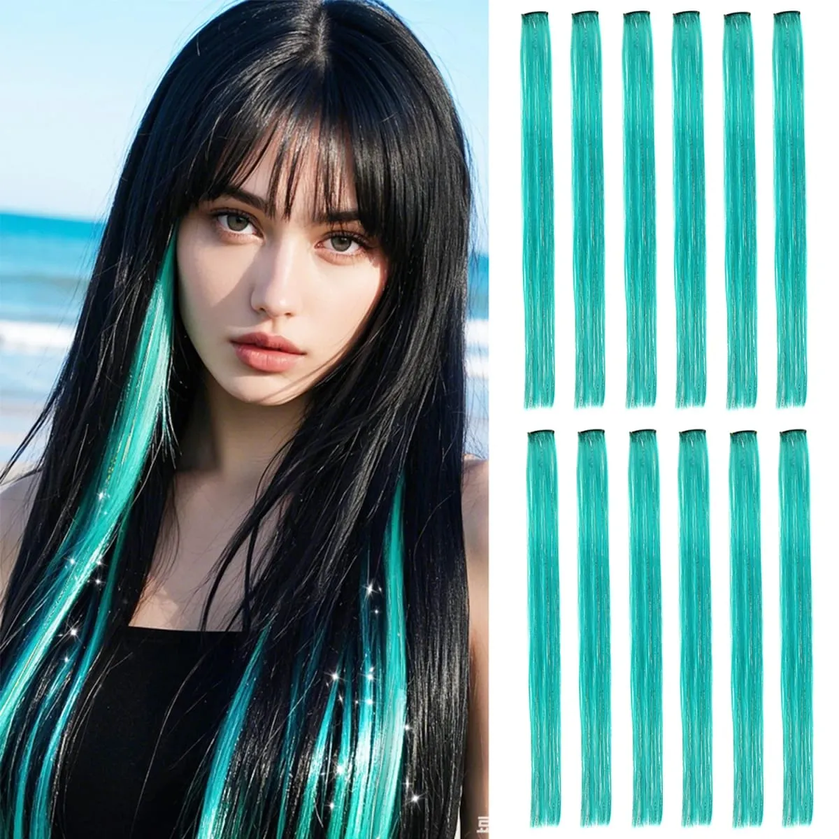 Synthetic Clip in Hair Extensions 12pcs/pack Clip in Colorful Hair Mixed Tinsels Glitter Hairpices for Women Girls Daily Party — image 14