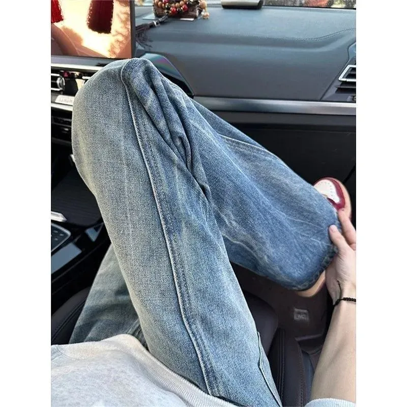 Vintage Men's Jeans Man Pants High Street Washed Denim Blue Jeans Straight Leg Slight Flare Casual Trousers — image 4