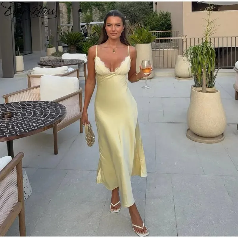 Women Sexy V-neck Satin Sling Maxi Dresses Chic White Lace Patchwork Sleeveless Backless Slim Gowns Summer Evening Party Dress — image 3