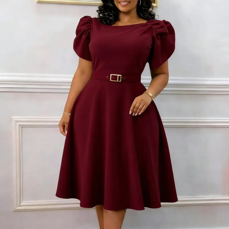 Women Dresses Solid Dress Sashes Round Neck Butterfly Sleeve Knee Length Empire Waist Slight Strech Casual Loose Fit 2026 Summer — image 2