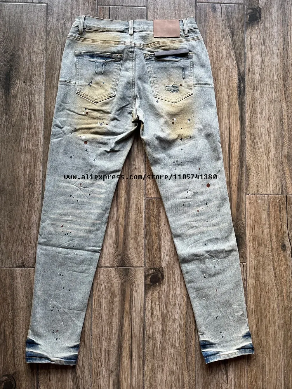 Men's High Street Distressed Washed Light Blue Graffiti Damaged Holes Stretch Skinny Button Fly Ripped Jeans Pants — image 2