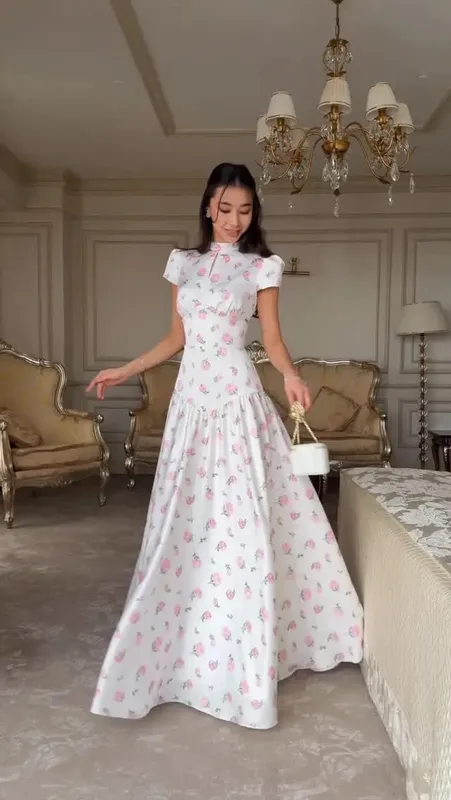 Organza Floral Printed Maxi Dress Fashion V-neck Puff Sleeve 2026 Spring/summer Romantic Women Party Gown Elegant Lady Vestidos — image 24