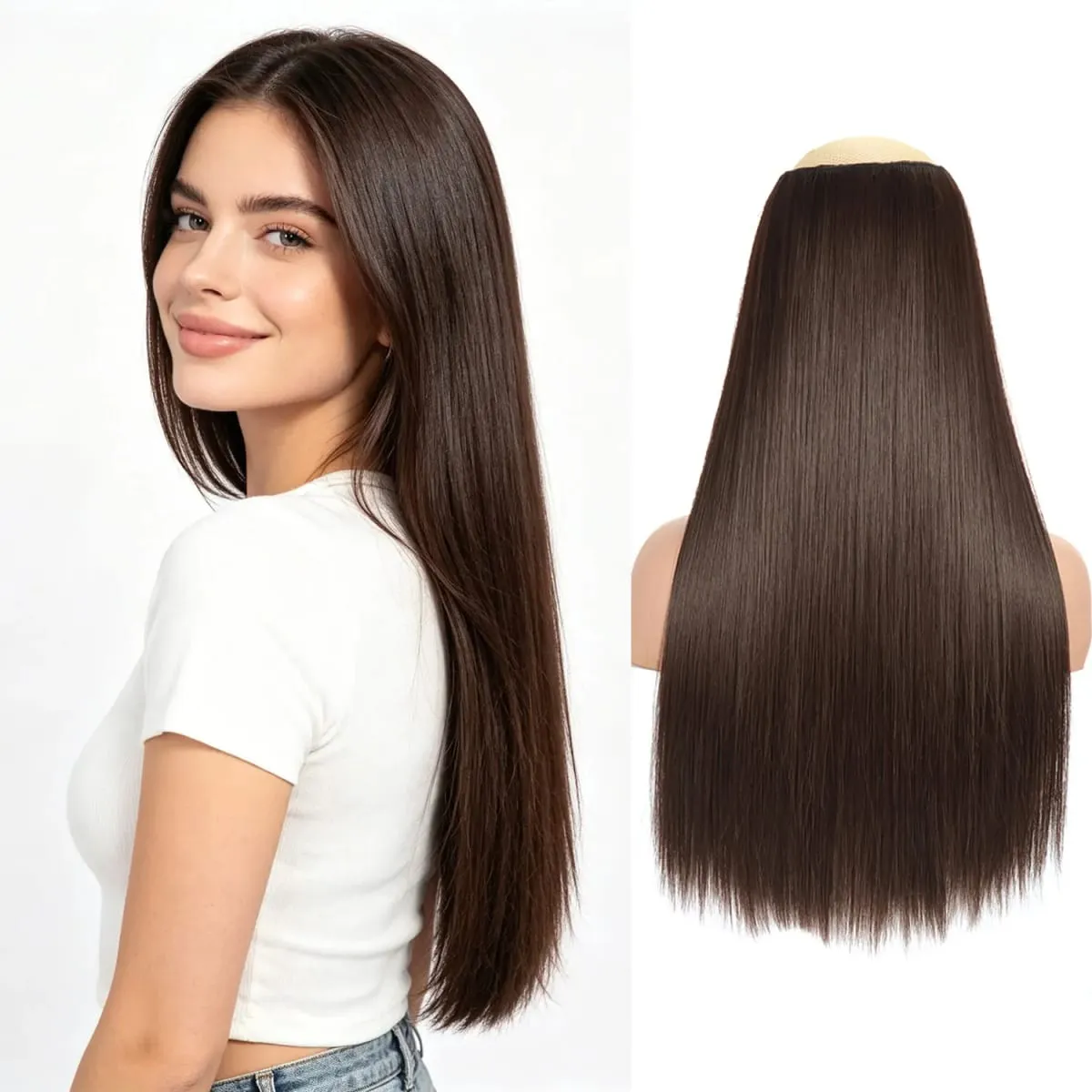 Synthetic 5 Clips in one piece hair extensions 22inch long straight clip in hair for women girls daily party holiday — image 20