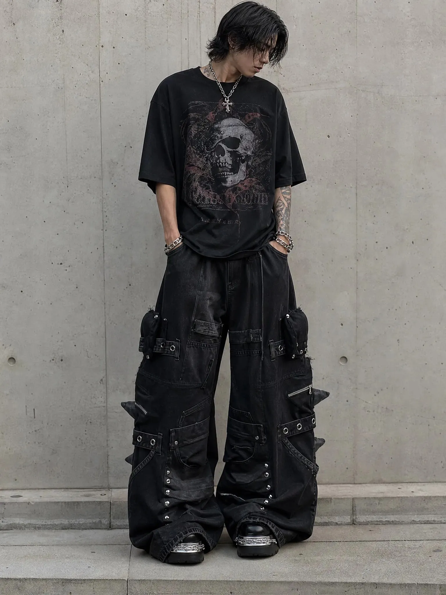 Streetwear Casual Black Cargo Jeans Men Heavy Buckle Strap Stud Zip Pocket Distressed Oversized Wide Leg Fashion Pants Y2K — image 2