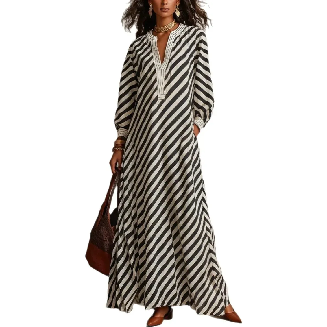 Fashion Stripe Print Maxi Dress 2026 Autumn Winter Women V‑Neck Long Sleeve Loose Casual Long Dresses Holiday Beach Boho Dress — image 5