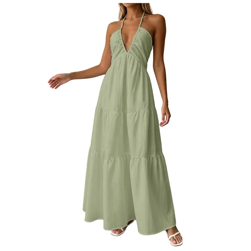 Summer Halter Neck Women's Dress Elegant Chic Wedding Party Beach Dress Backless Flowy Vacation Boho Sling Long Dresses Women — image 10