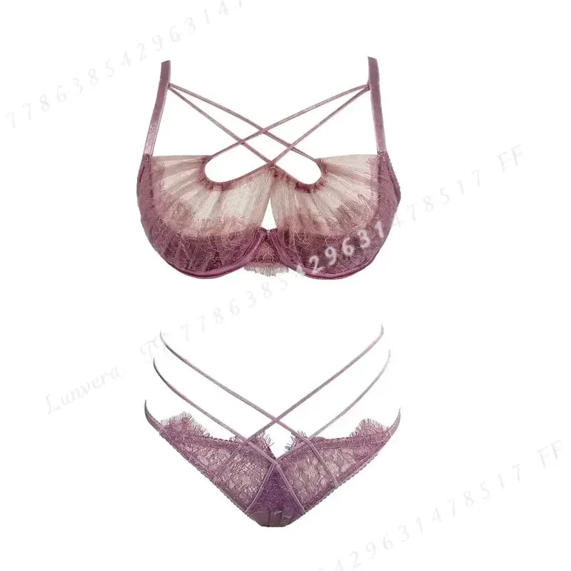 Summer Lace Embroidery Cross Tie Lingerie Set Sheer Mesh Push Up Bra Comfortable Daily Wear Underwear for Women Size 32-38 — image 2