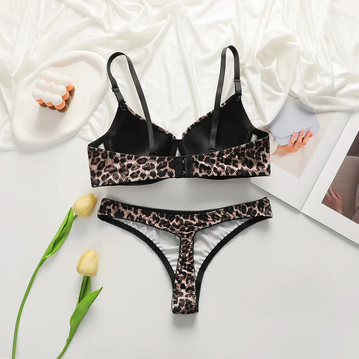 New leopard print European and American 3/4 cup lingerie paired with thong sexy women's underwear set push up bra B2087 — image 2