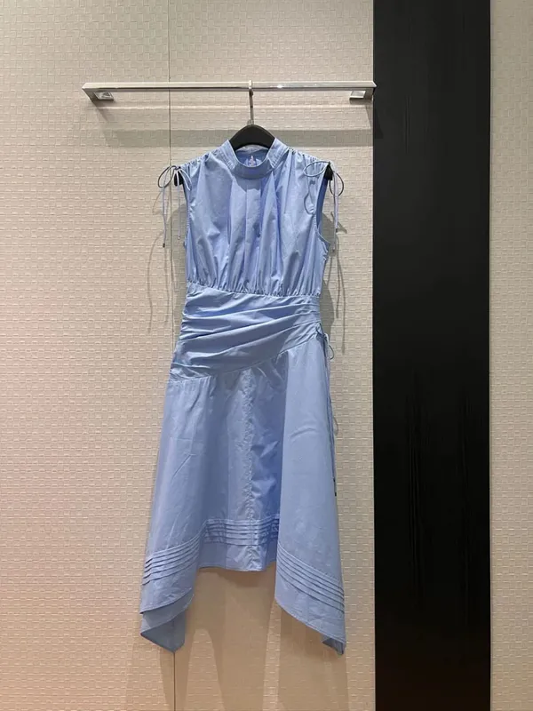 New 2026 spring summer women drawstrings stand collar cotton dresses sleeveless folds irregular dress