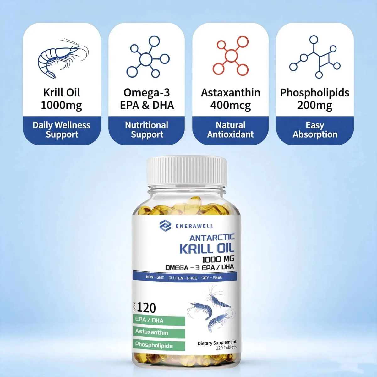 Antarctic Krill Oil 1000 mg Capsules | 3X Strength Natural Source of Omega-3 EPA DHA with Astaxanthin Supplement