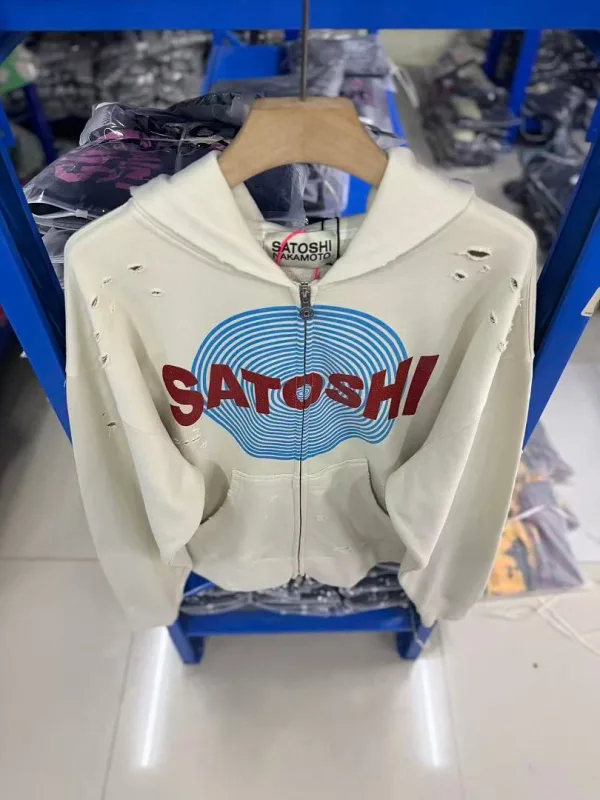New Arrival Satoshi Zip Hoodie Destroyed Hole Design Loose Cotton Casual Outdoor Jacket Tops