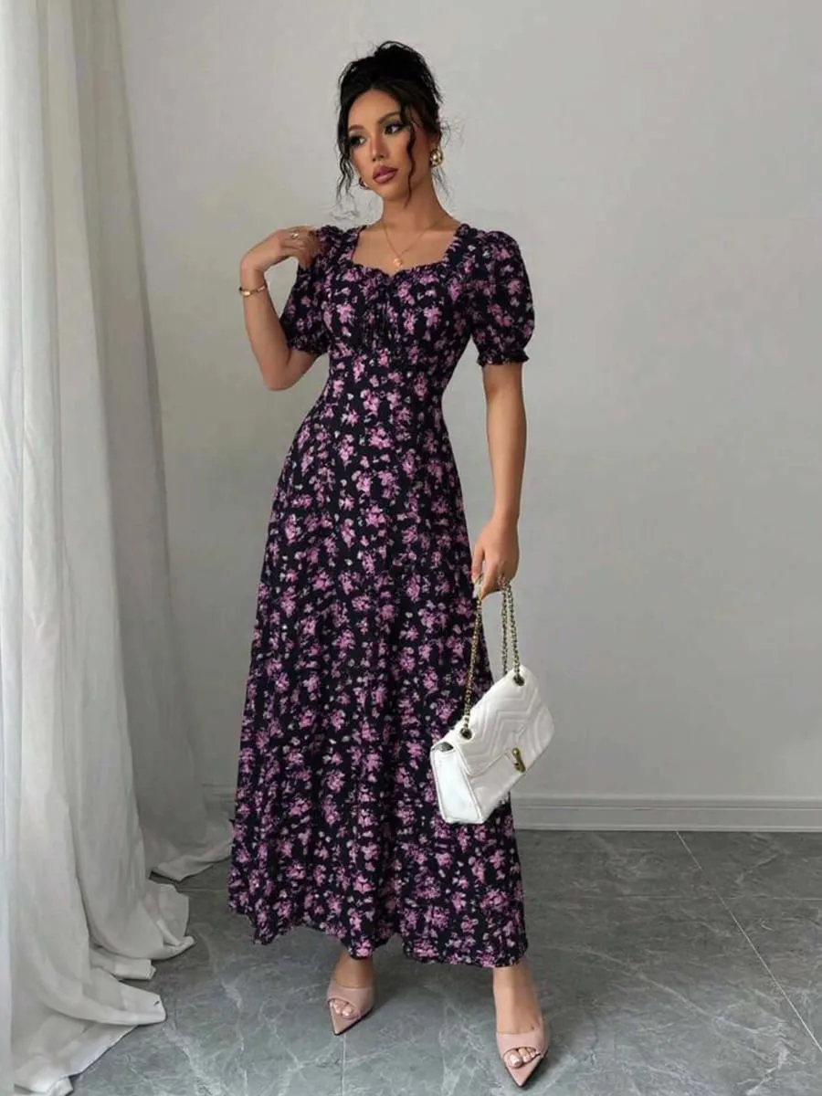 Women's Summer Maxi Dress Elegant Casual Puff Sleeve Square Neck Black Floral Print Long Evening Gown for Women — image 1