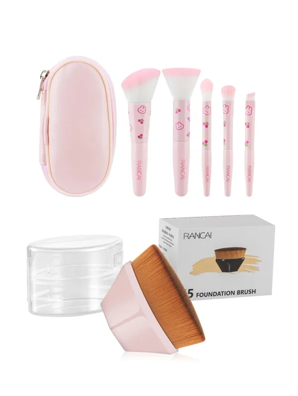 Conjunto de pincéis de maquiagem compacto, 5 peças, bonito, com estojo, pincel premium para base impecável, blush, sombra, aplicação, ferramentas de beleza — image 9
