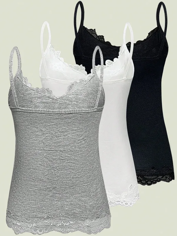 3 Pack Multi-color Women Lace Trim V Neck Spaghetti Strap Slim Fit Long Cami Top 2026 Summer Basic Casual Solid Color Sleeveless — image 2
