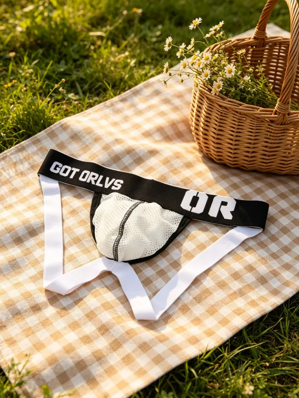 Mens G String ชุดชั้นในตาข่าย Contrast พิมพ์จดหมายเอวยางยืดกว้าง 3D Contour U กระเป๋าตาข่ายวัสดุที่มีความซับซ้อน