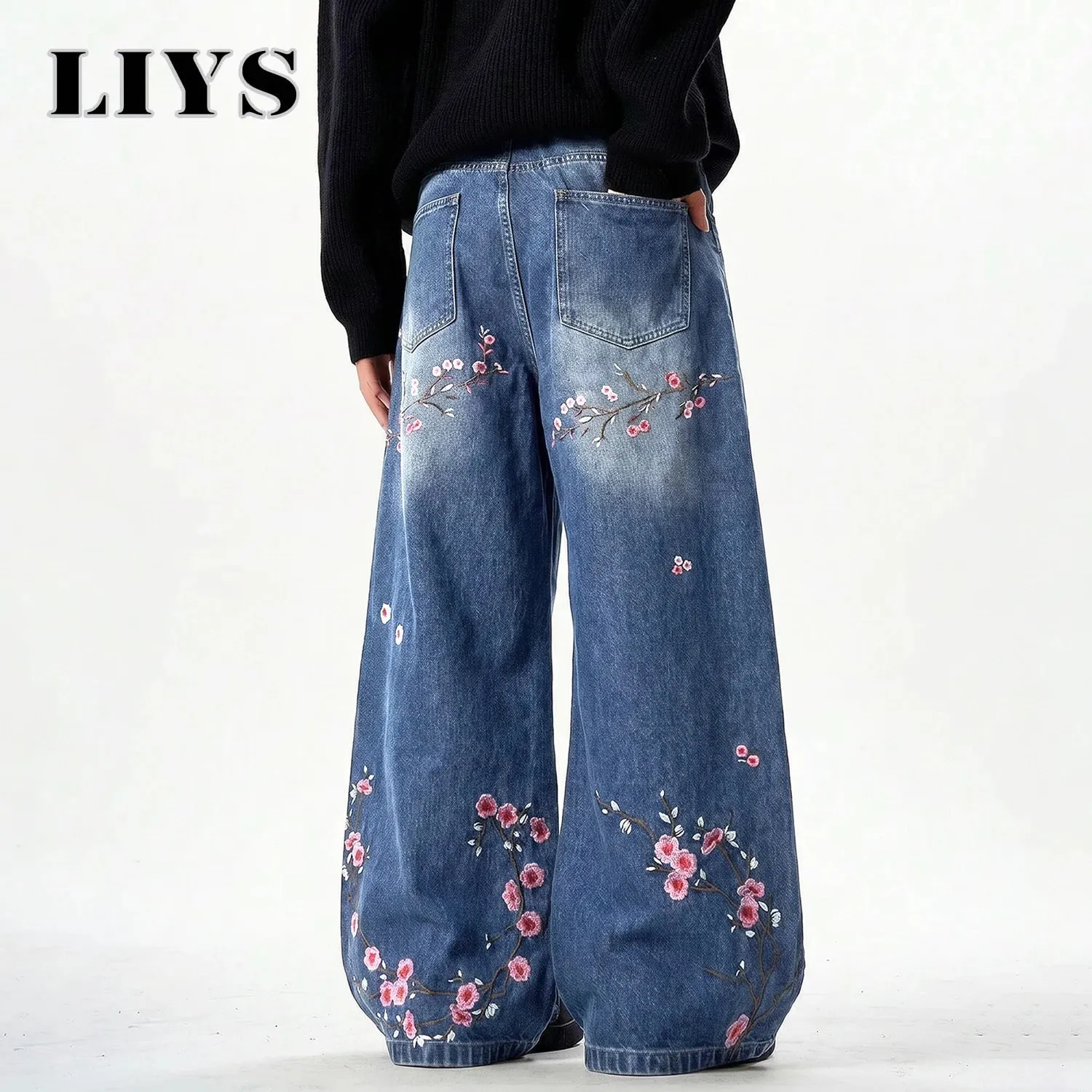 Men's Retor Plum Blossom Embroidered Baggy Jeans Blue Washed Wide Leg Denim Streetwear Casual Denim Pants Unisex — image 2