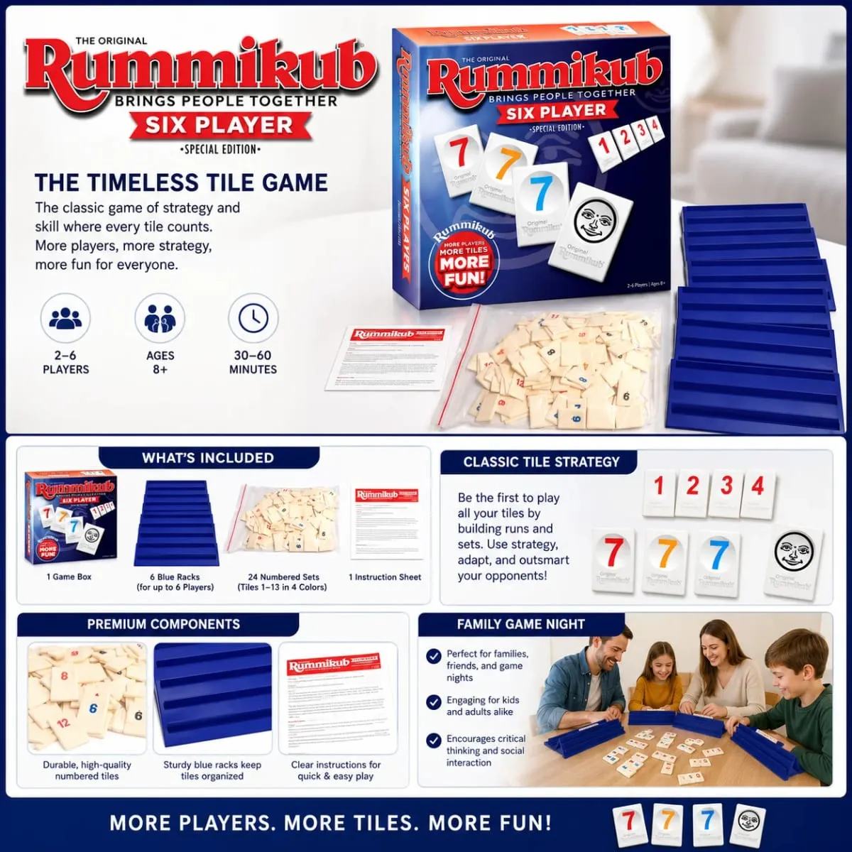 Rummikub Six Player Tile Strategy Board Game with Blue Racks Number Logic Family Party English Version — image 4
