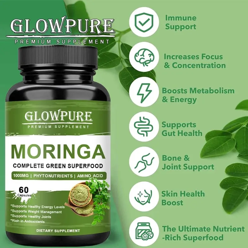 Pure Moringa Capsules - Superfood for Energy Skin Immune & Gut Health with Antioxidants Vitamins & Amino Acids