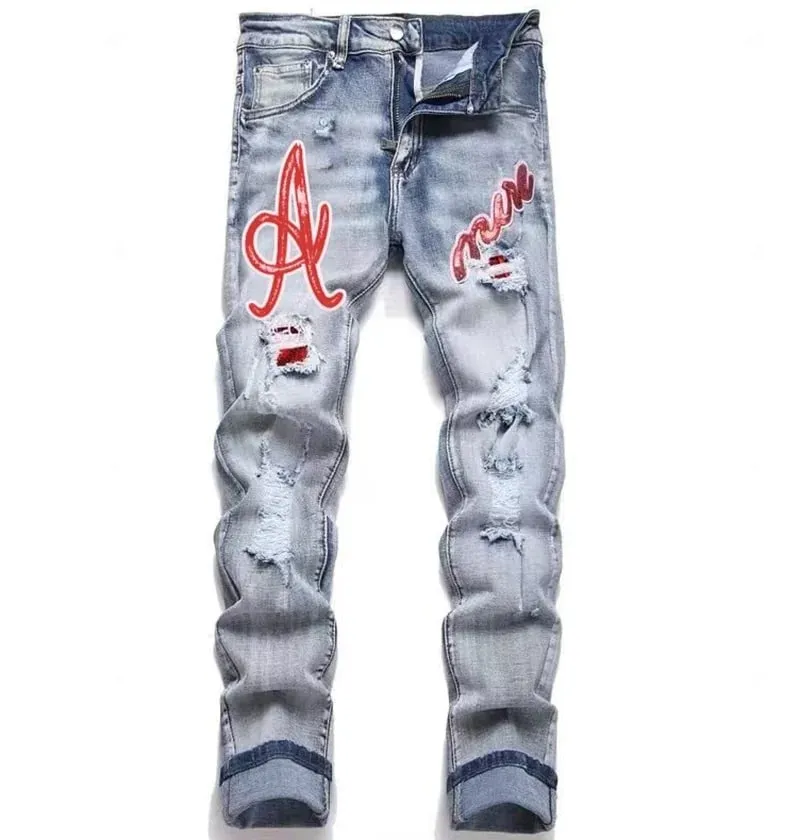 Men's Hip-Hop Style Distressed Holes Jeans Wash Ripped Pants with Red Embroidered Patches Casual Trendy Streetwear Trousers — image 7
