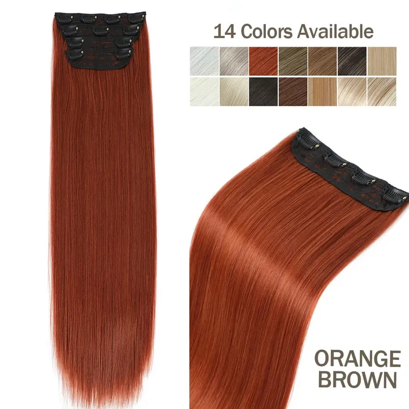 4Pcs 24 Inch Clip In Hair Extensions 200g Colored Brown Blonde Synthetic Heat Resistant Straight Hairpieces Thick Ends For Women — image 10