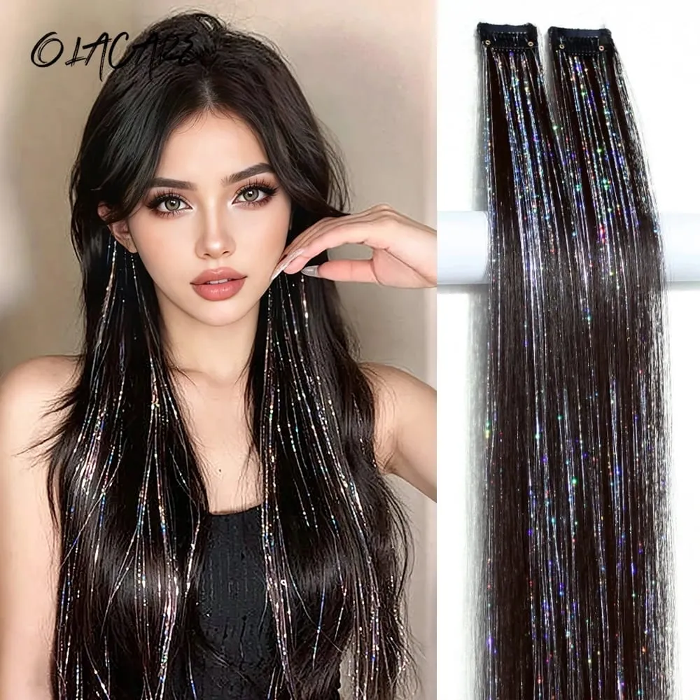 Shiny Sparkle Hair Extension Clip In Hair Tinsel Glitter Fairy Hair Tinsel Kit Heat Resistant 2Pcs Hair Streak Synthetic Hair — image 2