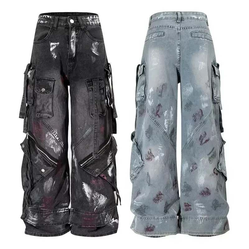 2000s Y2K heavy industry drag pants Gothic multi-pocket hip hop wide leg jeans washed black jeans men and women street pants — image 7
