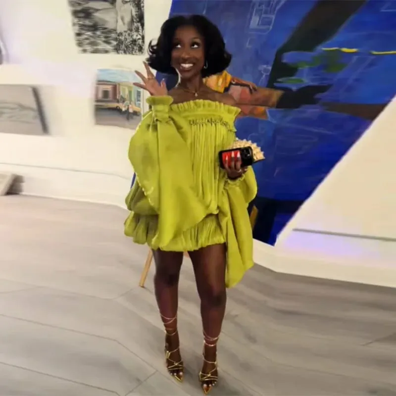 Chic Lime Green Off Shoulder Mini Dress Oversized Flare Sleeve Shiny Smocked Waist Bubble Hem Skirt Sexy Party Date Wear New — image 4