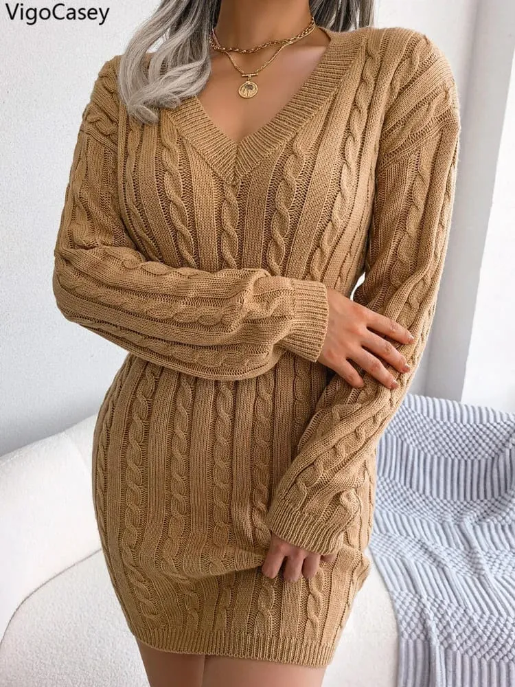 VigoCasey 2026 V Neck Casual Short Knit Dress Autumn Winter Women Solid Long Sleeve Dress Lady Khaki Bodycon Knitted Dresses — image 3