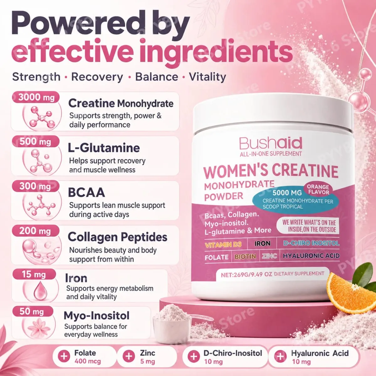BushAid Women's Creatine Monohydrate Powder 5000mg 269G Orange Flavor with BCAA Muscle Strength Workout Support 30 Servings — image 4