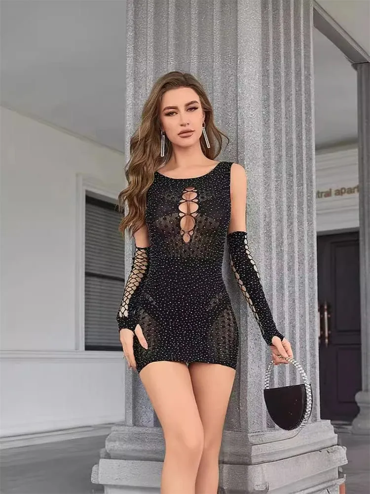 2pcs Women's Sexy Dress Rhinestone Hollow Out Stretchy Dress Set Slim Fit See-Through Mini Dress & Gloves Party Club Street Wear — image 2