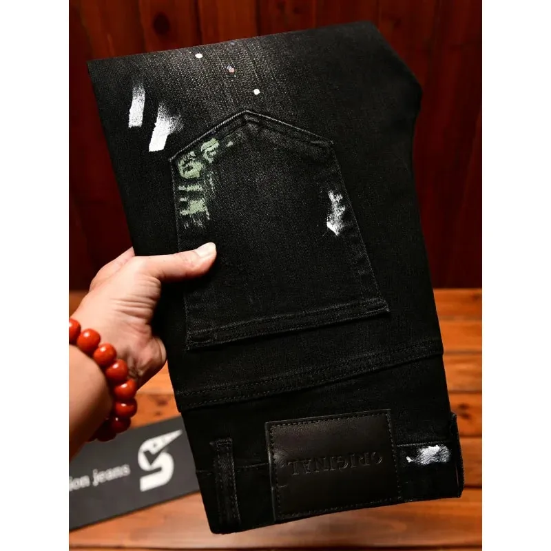 2025 Autumn American Fashion Black Jeans Men's Slim Fit Version with Piercing Patch Paint Printed Street Trendy Pants — image 2