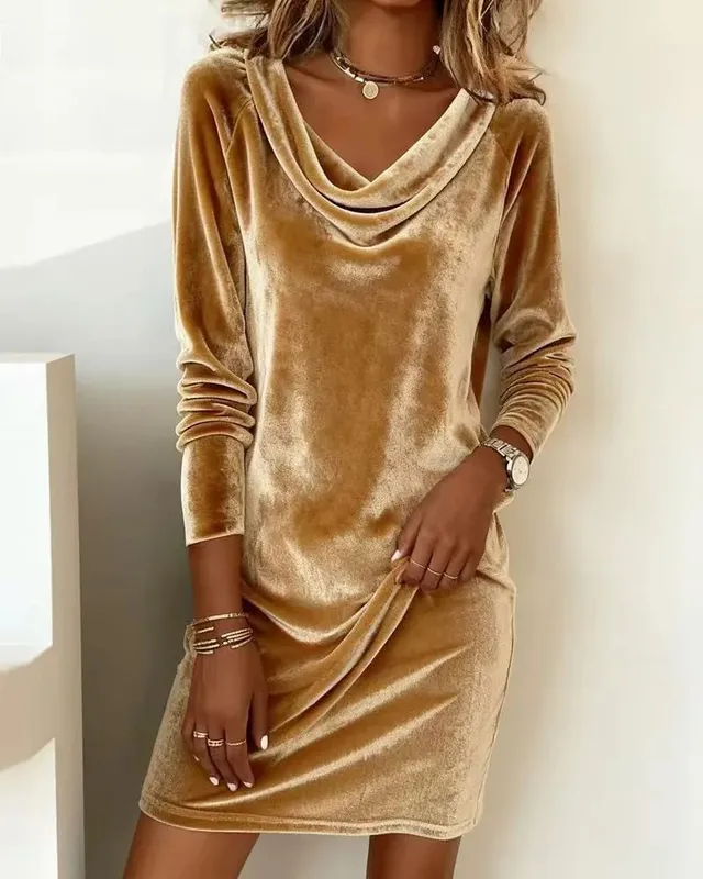 Women's Spring and Summer Velvet Dress with High Neck Flattering Fit Slimming and Elegant Medium-Length Silky Velvet Skirt