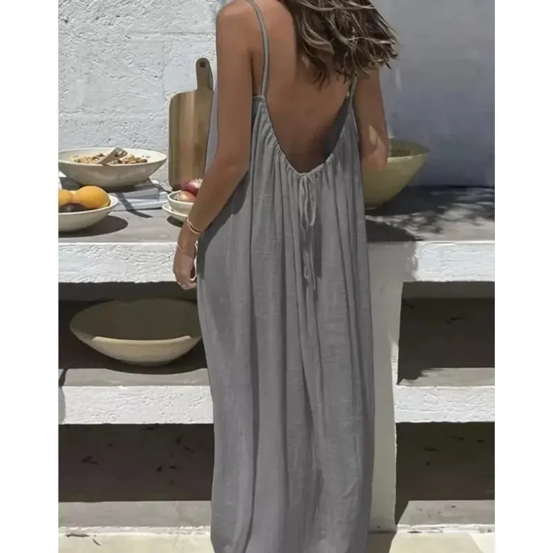 Casual Solid Loose Dress For Women Sexy Sleeveless Spaghetti Strap Backless Lace-up Robe Femme Holiday Beach Party Clothes New — image 1