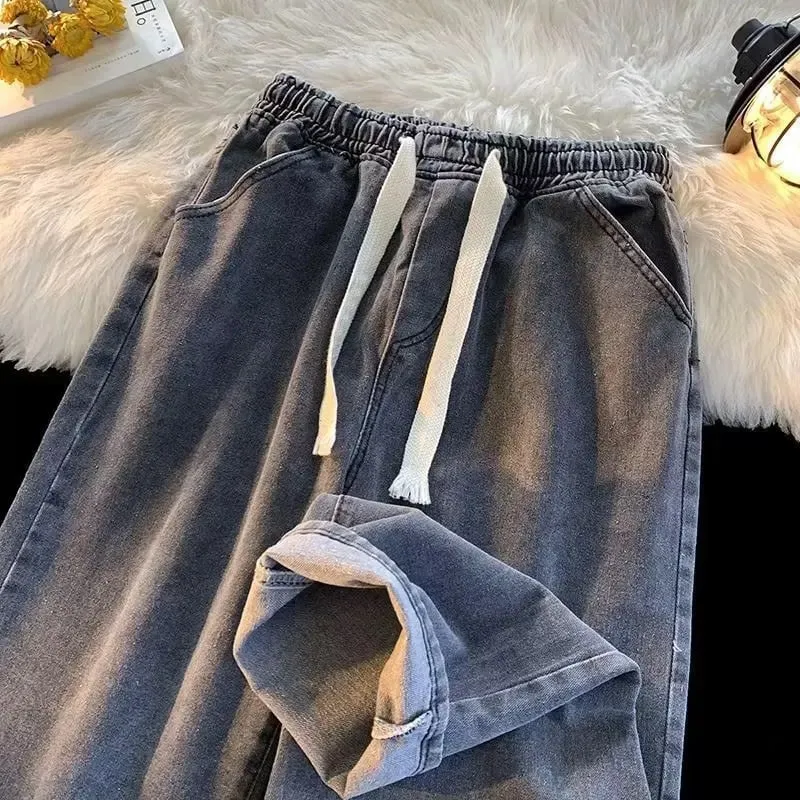 Elastic Waist Jeans Men's High Sense Straight Loose American High Street Retro