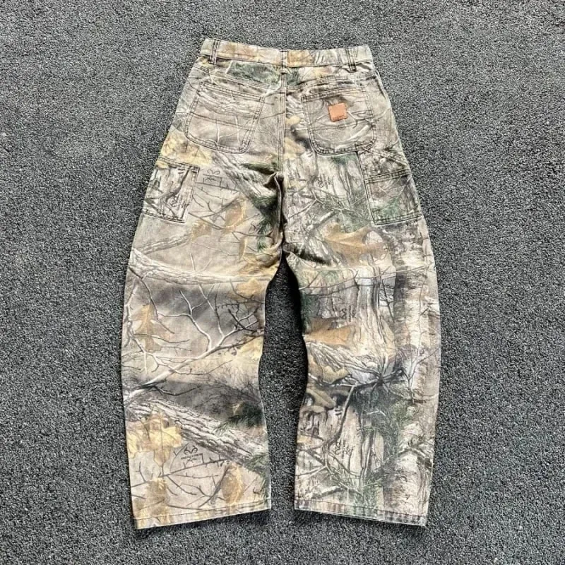 Men's Tree Branch Camouflage Jeans American Style Y2K Wide Leg Retro Loose Fashion Trend Street Straight Jeans Camo Pants Y2K