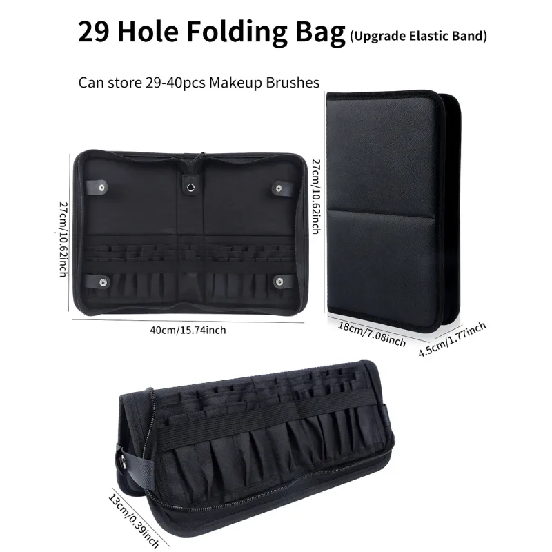 Large Black Foldable Makeup Bag 14-40 Hole Storage Organizer for Beauty Brushes Cosmetic Pouch with Handles — image 8