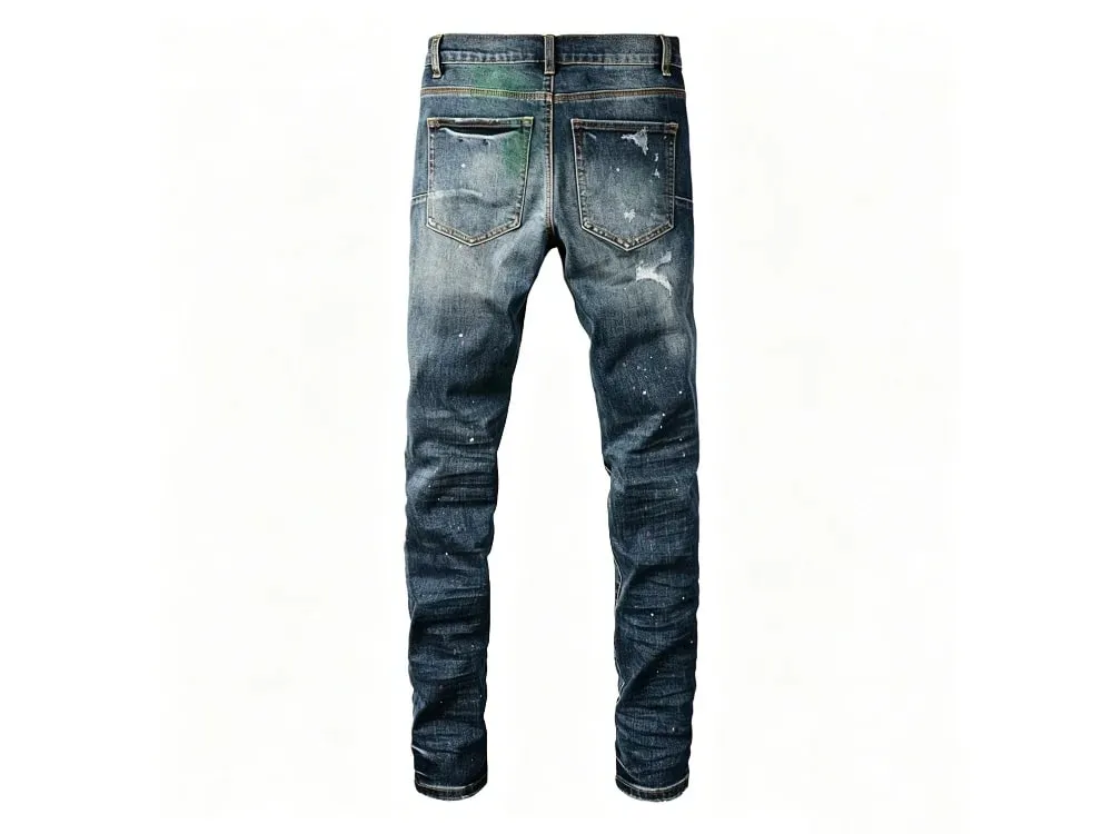 Men's Slim Taper Vintage Distressed Ripped Jeans Blue Gradient Green Red Paint Splatter Button Fly High Street Fashion Denim Pan — image 9