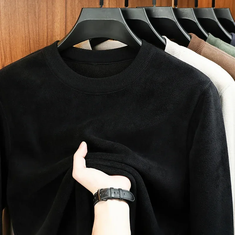 Autumn and Winter Men's Velvet Hoodie Long Sleeve Round Neck Solid Color Fashion Casual Versatile Top — image 4