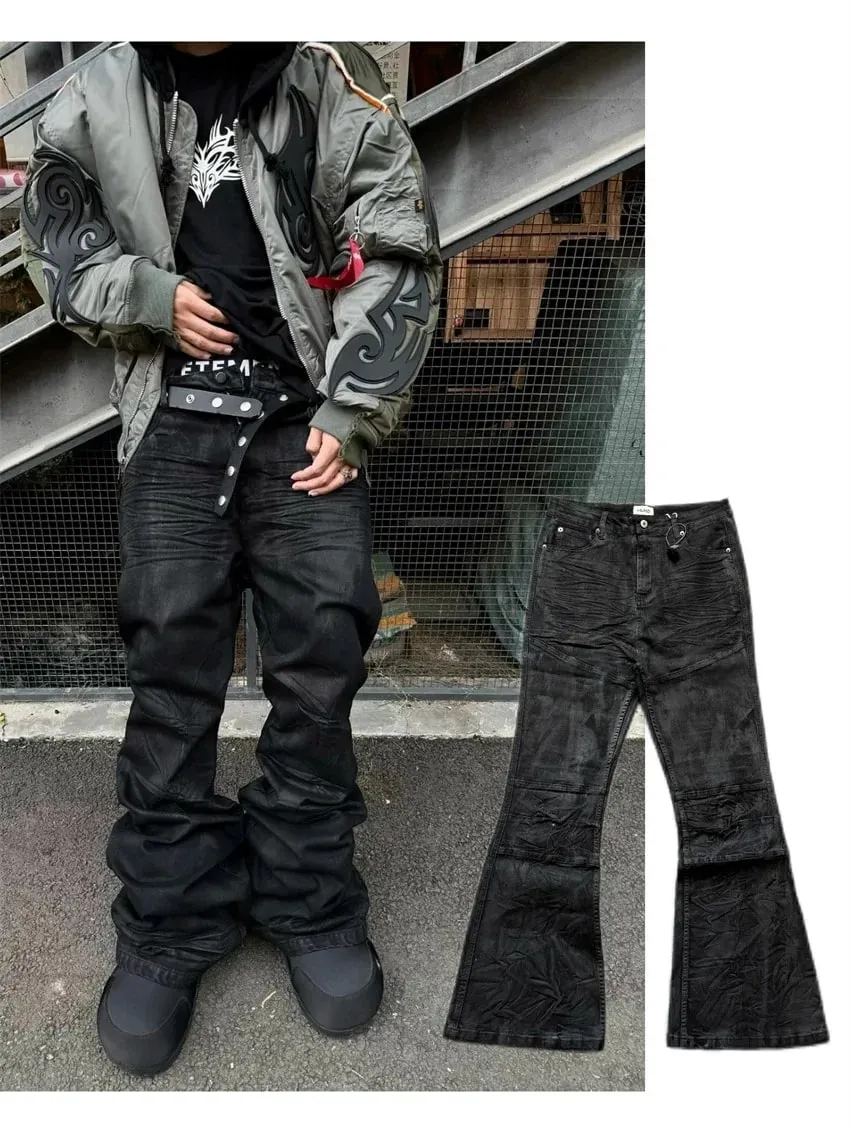 2026 High street coated micro-flare jeans American retro heavy industry men and women black gothic retro casual loose jeans — image 9