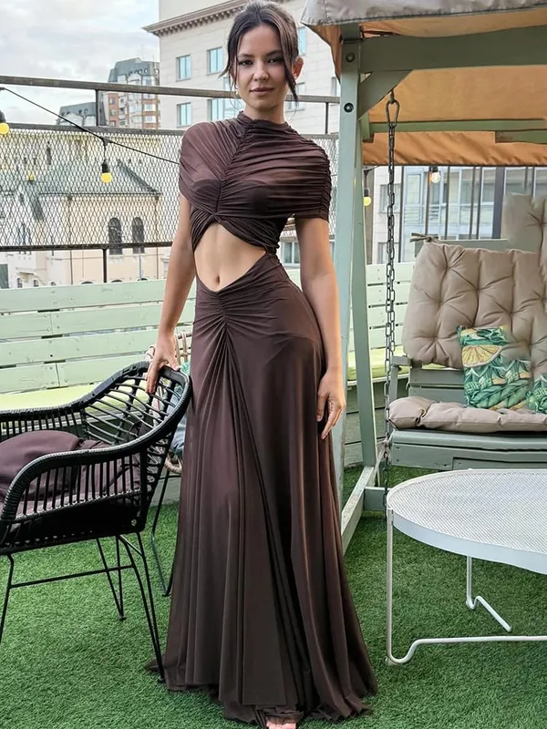 MO Sexy Hollow Out Turtleneck Women Maxi Dress Coffee Short Sleeve See Through Mesh Bodycon Elegant Party Evening Dress — image 1