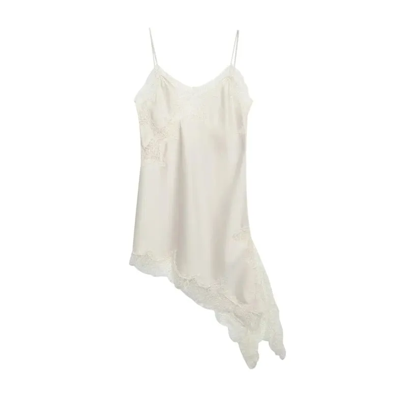 Combhasaki Women Floral Lace Trim Satin High Low Vest Silk Spaghetti Strap Side Split Asymmetrical Cami Flowy Silky Layering Top — image 11