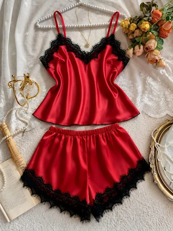 Pink Satin Bra And Panty Sets Silky-Soft Women's Underwear Elegant Loungewear Lace Bras And Pajama Set Spaghetti-Strap Lingerie — image 9